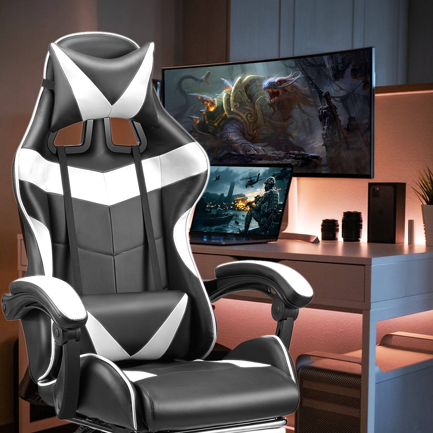 White and black ergonomic gaming chair with massage, adjustable headrest and lumbar support in a modern gaming environment.