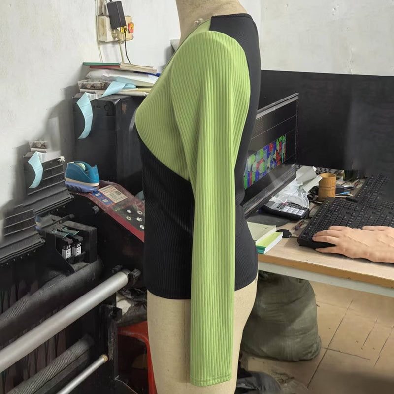 Sweater V Neck Cross Front Color Block Knit Top Women