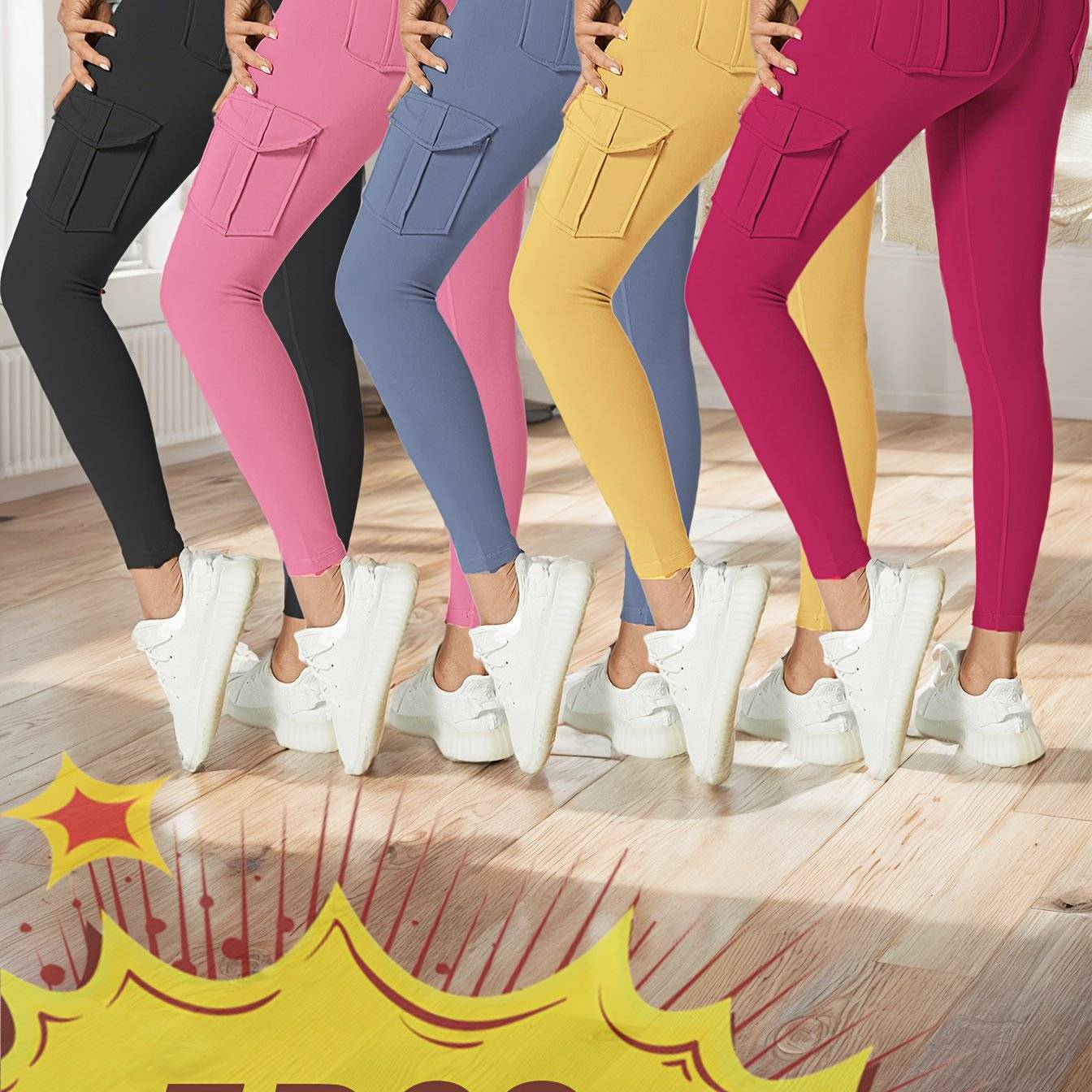 5-Pack Women's High-Waist Leggings with 4 Pockets, Butt-Lifting Tummy Control Workout Pants, 4-Way Stretch Cargo Sports Leggings Set