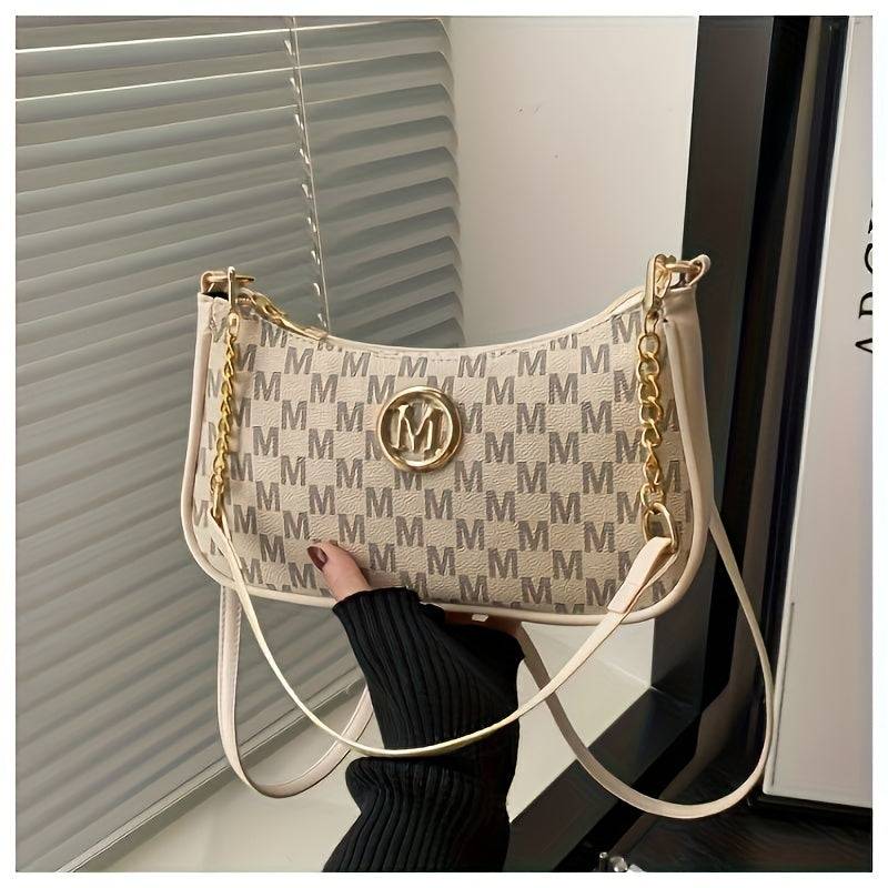 Women’s Vintage Crossbody Bag – Checkered Print, Gold Accents, Detachable Chain, Black & White
