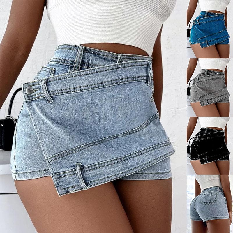 Street Vintage Denim Shorts Stretch Overlap Waist Wrap Solid Asymmetrical Hem A-Line Skinny Mini Skorts Skirt - PMMNAPOLES