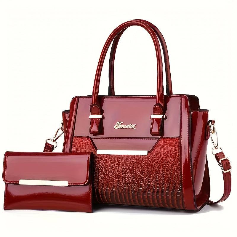 Women's Crocodile Texture Handbag Set Large Capacity Shoulder & Crossbody Bags for Work or Gift