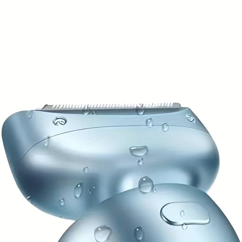 Close-up of waterproof blue electric shaver head for women. Smooth foil design ensures painless shaving for sensitive skin areas.