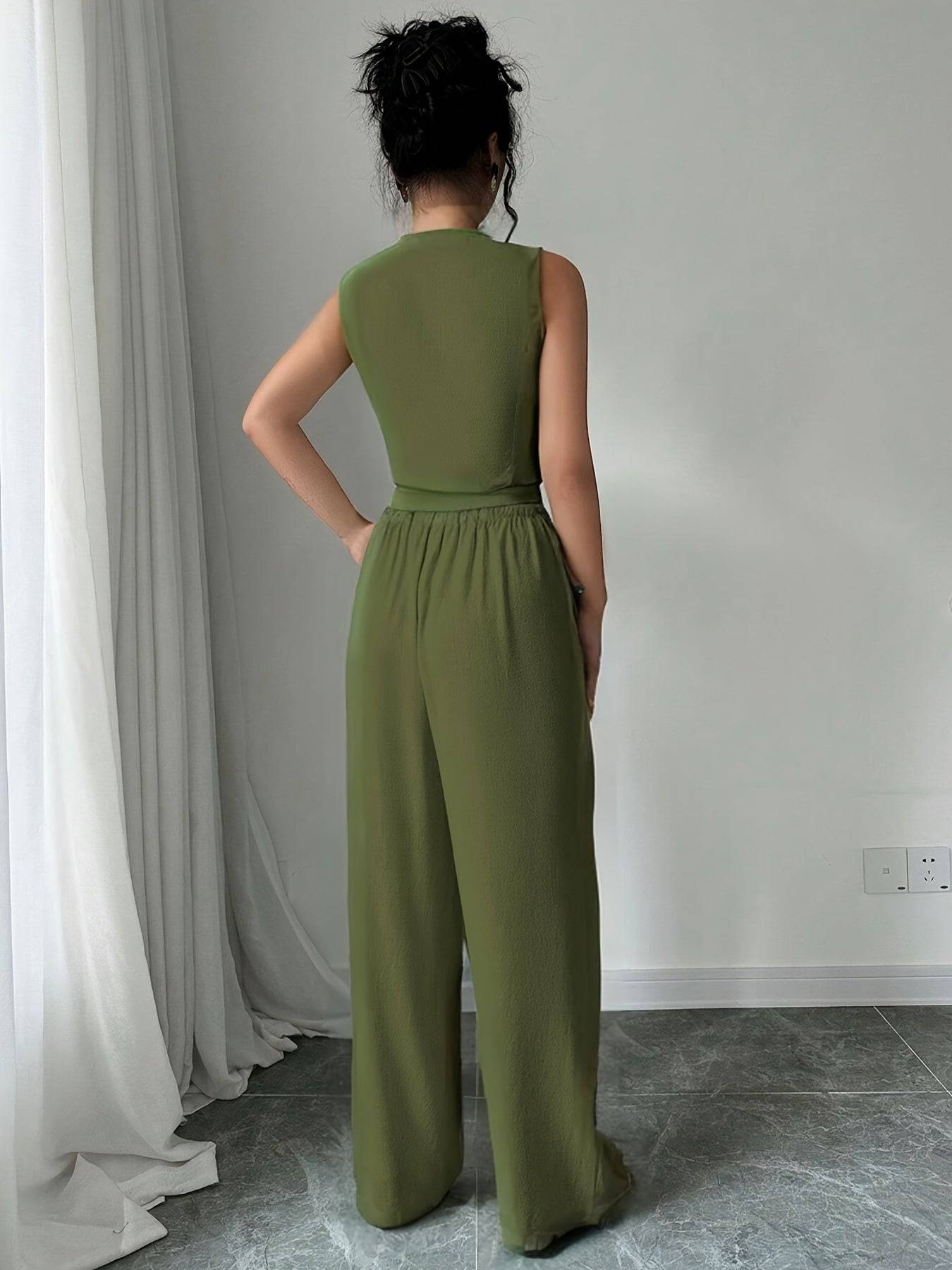 Women’s Two-Piece Set – Sleeveless Blazer Collar Top & Casual Pants for Work, Outings & Holidays