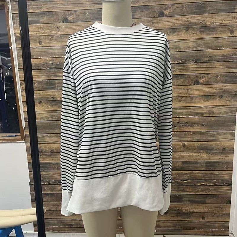Striped Long Sleeve Sweatshirts with Side Slit Design