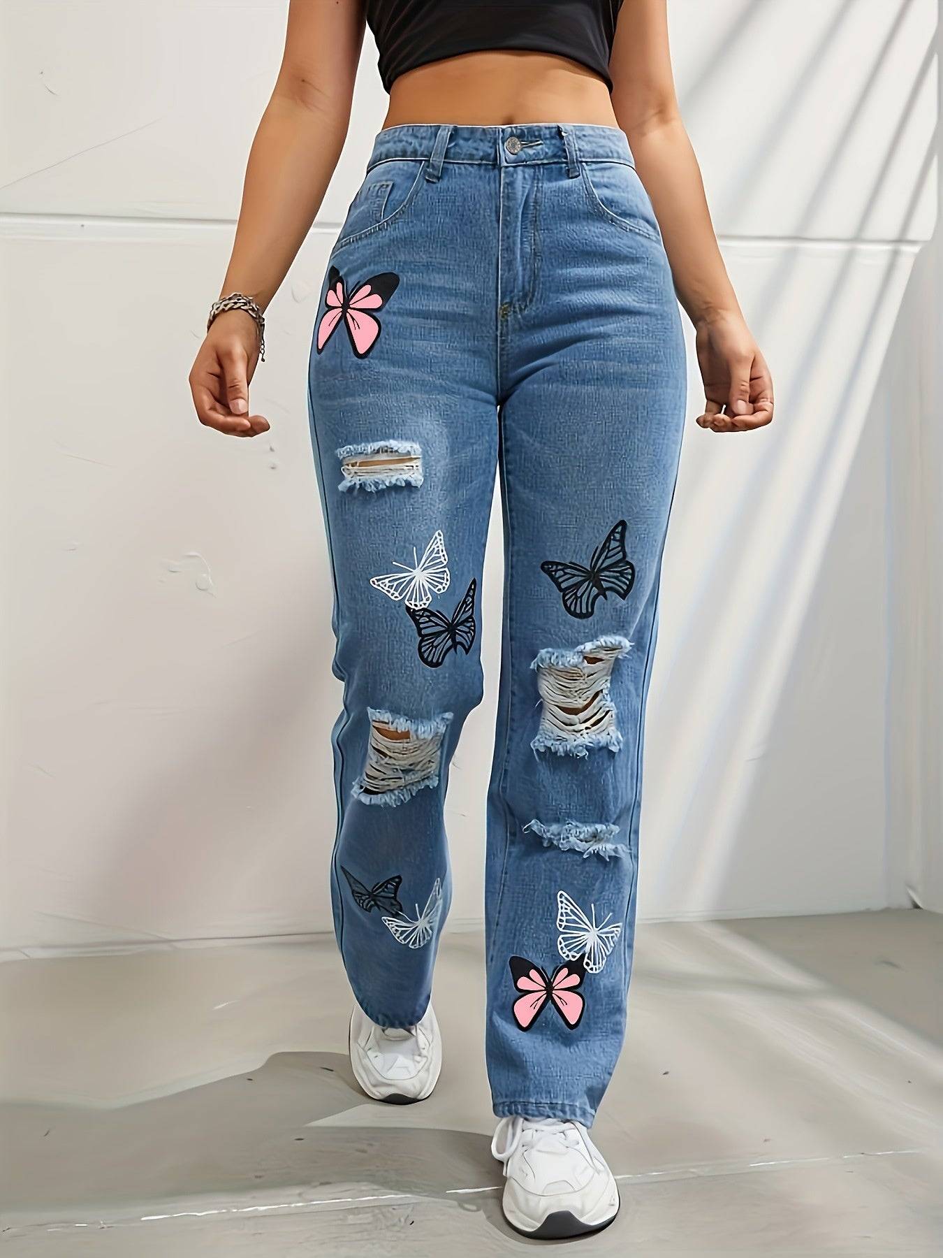 Women’s High-Waisted Contrast Denim Jeans Straight-Leg Cut with Butterfly Print & Ripped Details