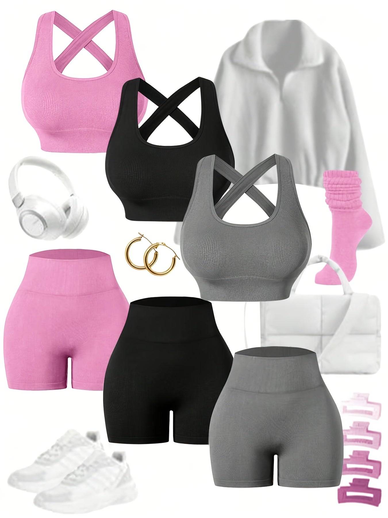 3-Piece Women’s Seamless Sportswear Set with See-Through Back Bra & High-Stretch Shorts, Tight Fit for Training & Fitness