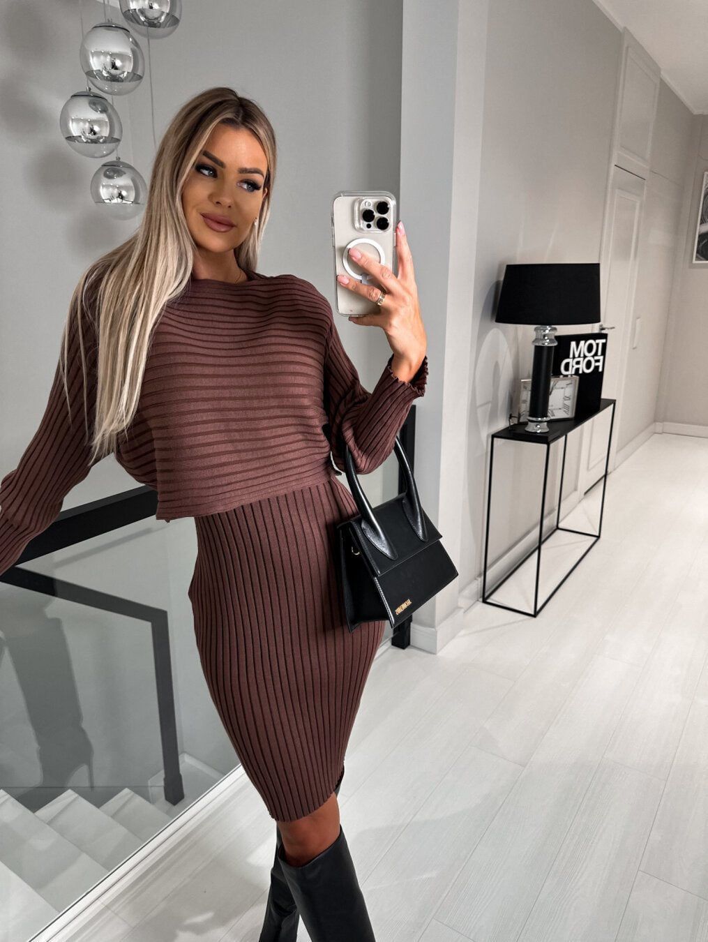 Women’s Two-Piece Woolen Skirt Set Solid Color Long Sleeve Top with Matching Skirt Casual Elegant Outfit