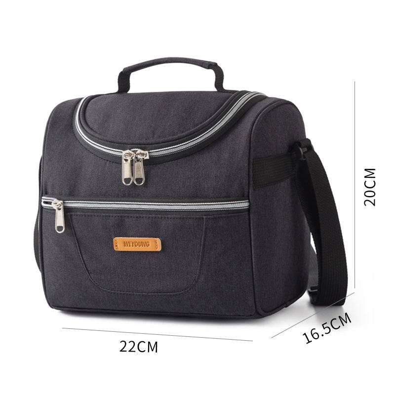 Black insulated lunch bag with ice pack, dimensions 22cm x 16.5cm x 20cm. Compact cooler tote for cold food storage and easy transport.