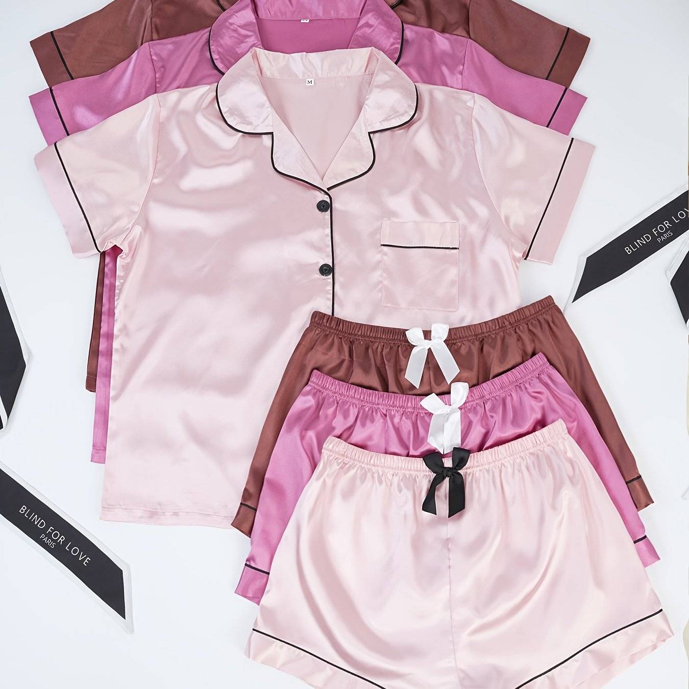 3-Piece Women's Satin Pajama Set – Short-Sleeve Lapel Top with Elastic Waist Shorts, Comfortable Loungewear for Home & Sleep