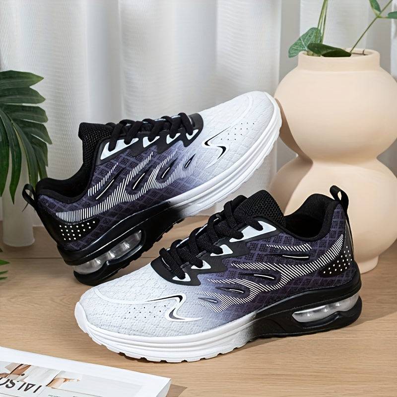 Black and white gradient women's mesh sneakers with air cushion sole, designed for breathability and shock absorption.