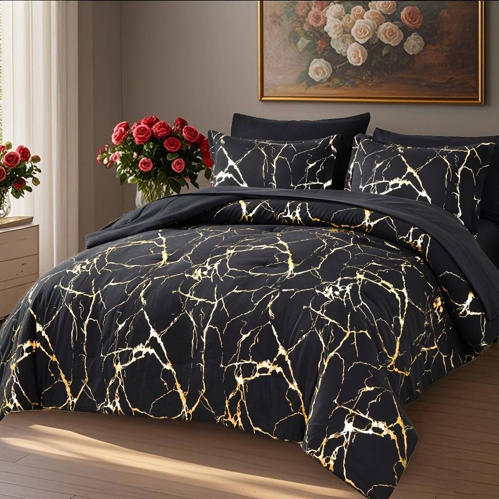 7-Piece Hot Stamping Comforter Set Queen, Soft Ultra-Fine Fiber Bedding with Sheets and Pillowcases, Lightweight All-Season Use