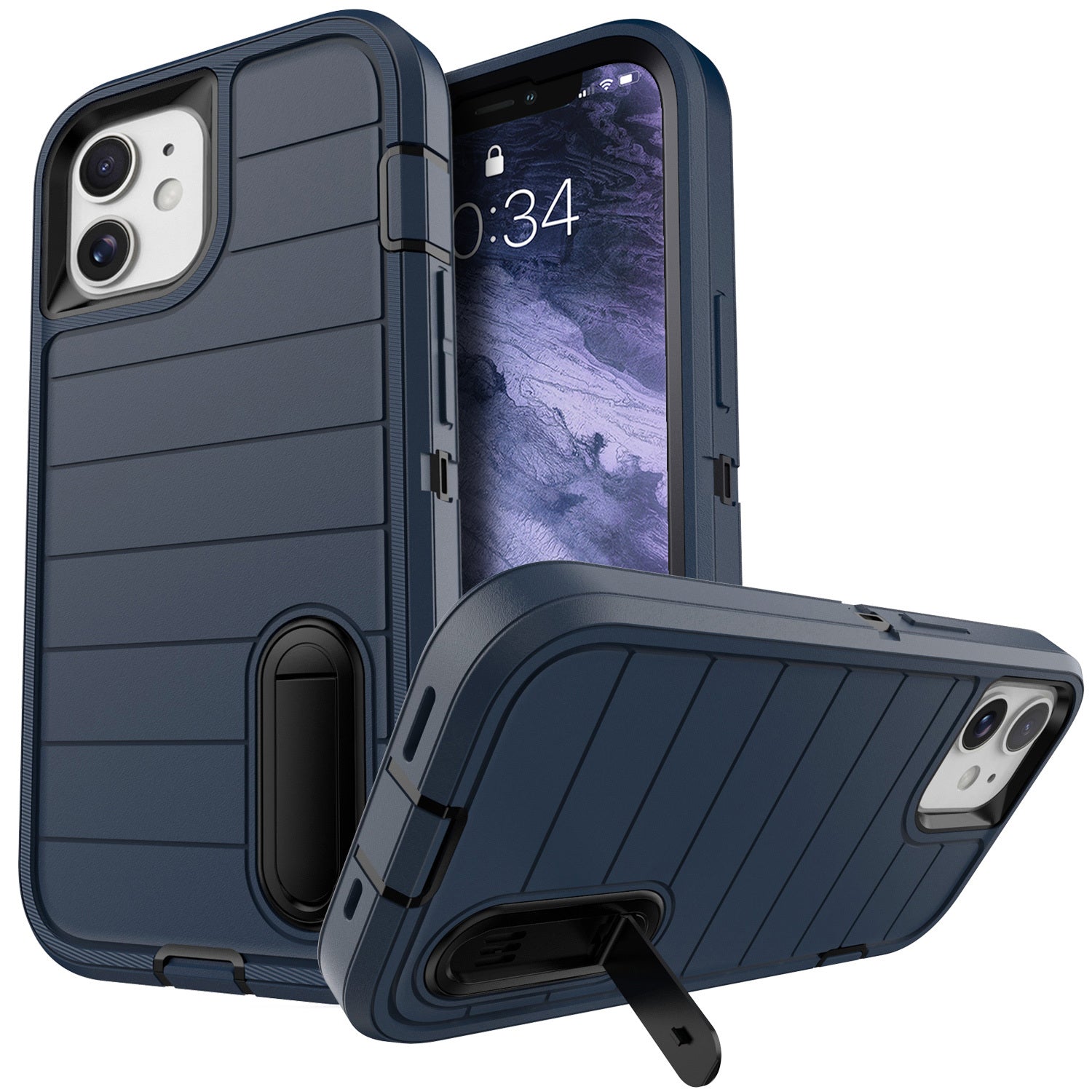 Shockproof 3-in-1 Heavy Duty Case for iPhone 11 with Kickstand, Rugged Protective Cover and 4-Pack Full Coverage Tempered Glass Screen Protectors