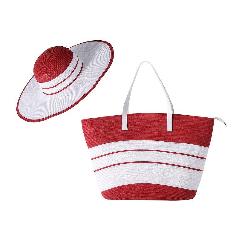 Red and white 2pcs Summer Travel Set with wide brim straw hat and large beach bag, designed for summer fashion and travel.