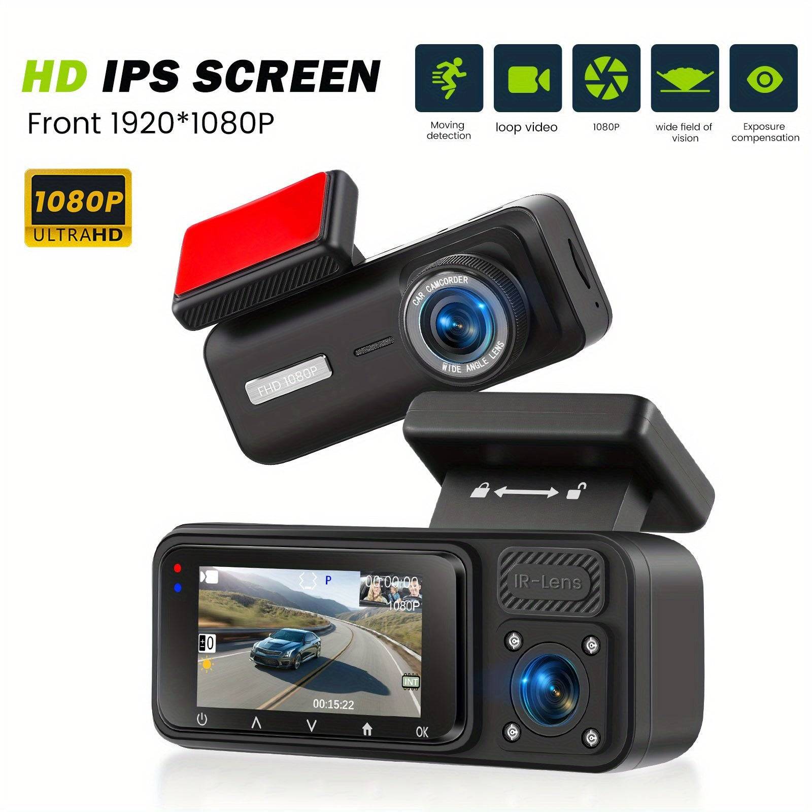 1080P dual dash cam with front and cabin cameras, IR night vision, loop recording, wide-angle lens, 3.16" IPS screen