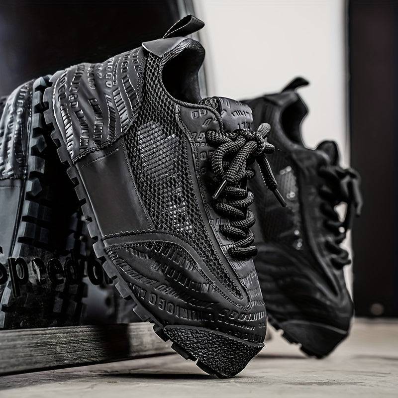 Men's plus size mesh sneakers with lace-up, mid-top, thick non-slip rubber sole, durable PU upper and cushioning, all-season comfort.