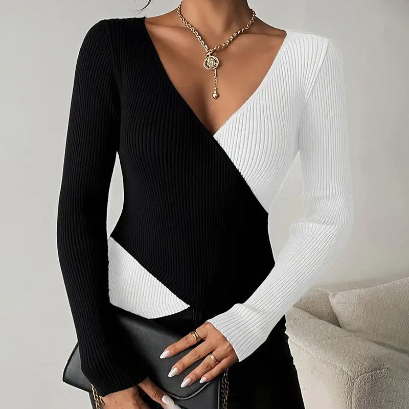 Sweater V Neck Cross Front Color Block Knit Top Women