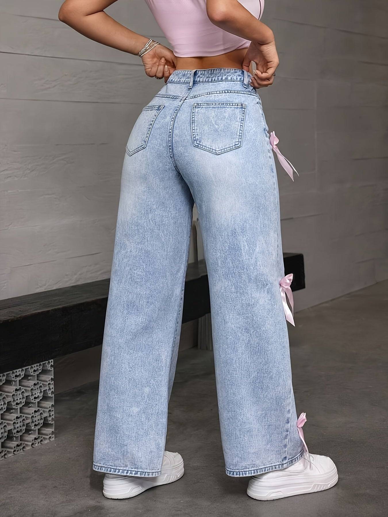 Women’s Washed Jeans Loose Wide-Leg Denim with Bow Patchwork Sweet Street Style for Valentine’s Day