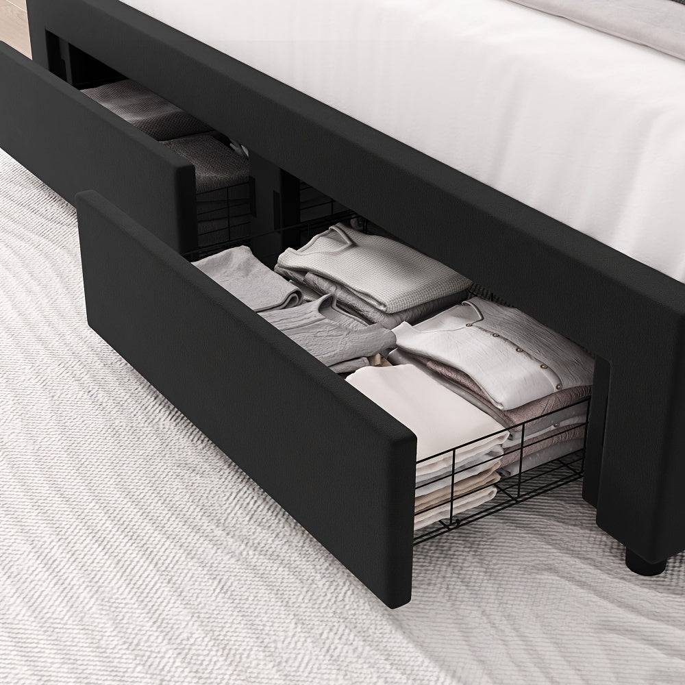 Upholstered LED Bed Frame with Storage Drawers, Velvet Platform Bed with Wingback Headboard, Solid Wood Slats, Full/Queen/King Sizes