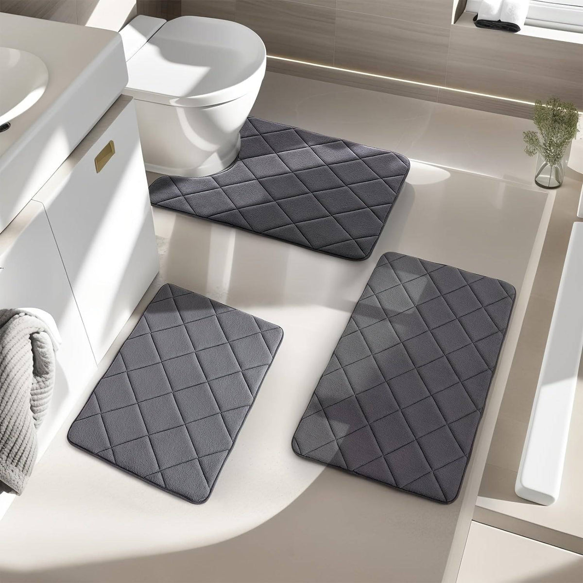 3/5pcs Bathroom Rug Set Soft Memory Foam Mats with Anti-Slip Design Machine Washable Absorbent Grey Rugs for Toilet & Floor