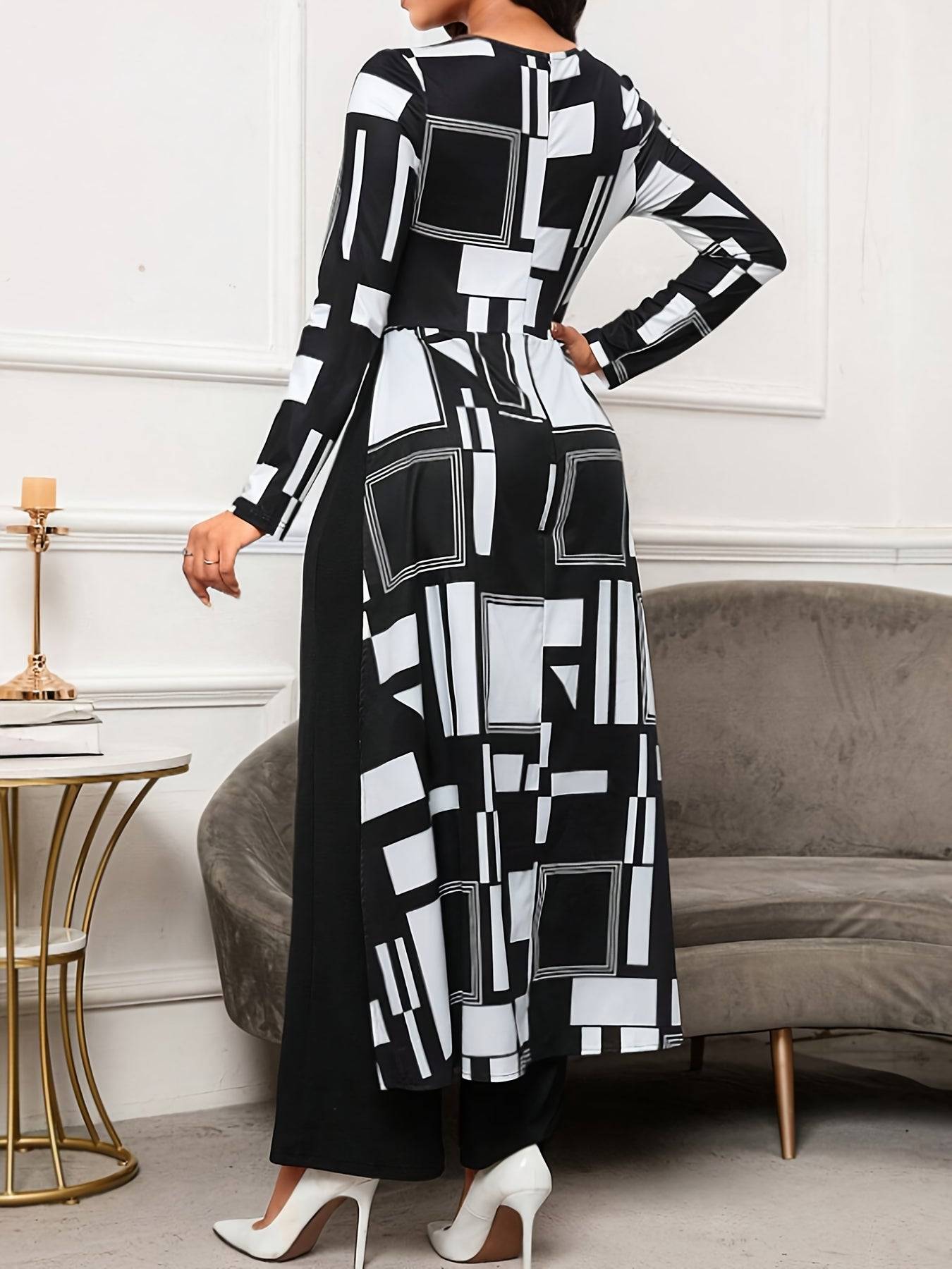 Back view of Women’s Long Sleeve Printed Jumpsuit showcasing the extended geometric print overlay and flattering fit for daily fashion.