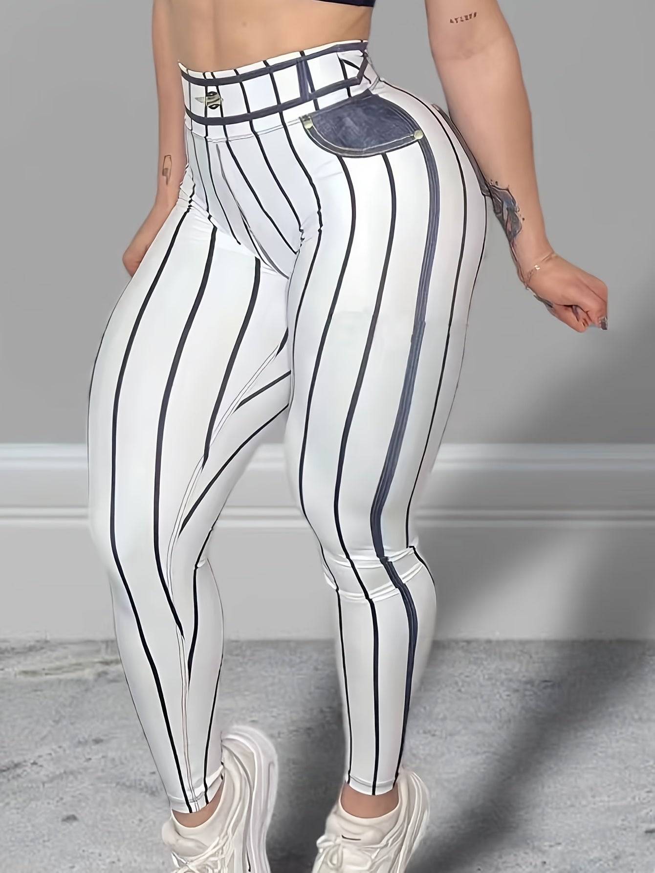 Women's High-Waisted Denim Print Leggings, Stretchy 9" Length Pants with Striped Pattern and Fake Pockets, Slim Fit for Gym and Casual Wear