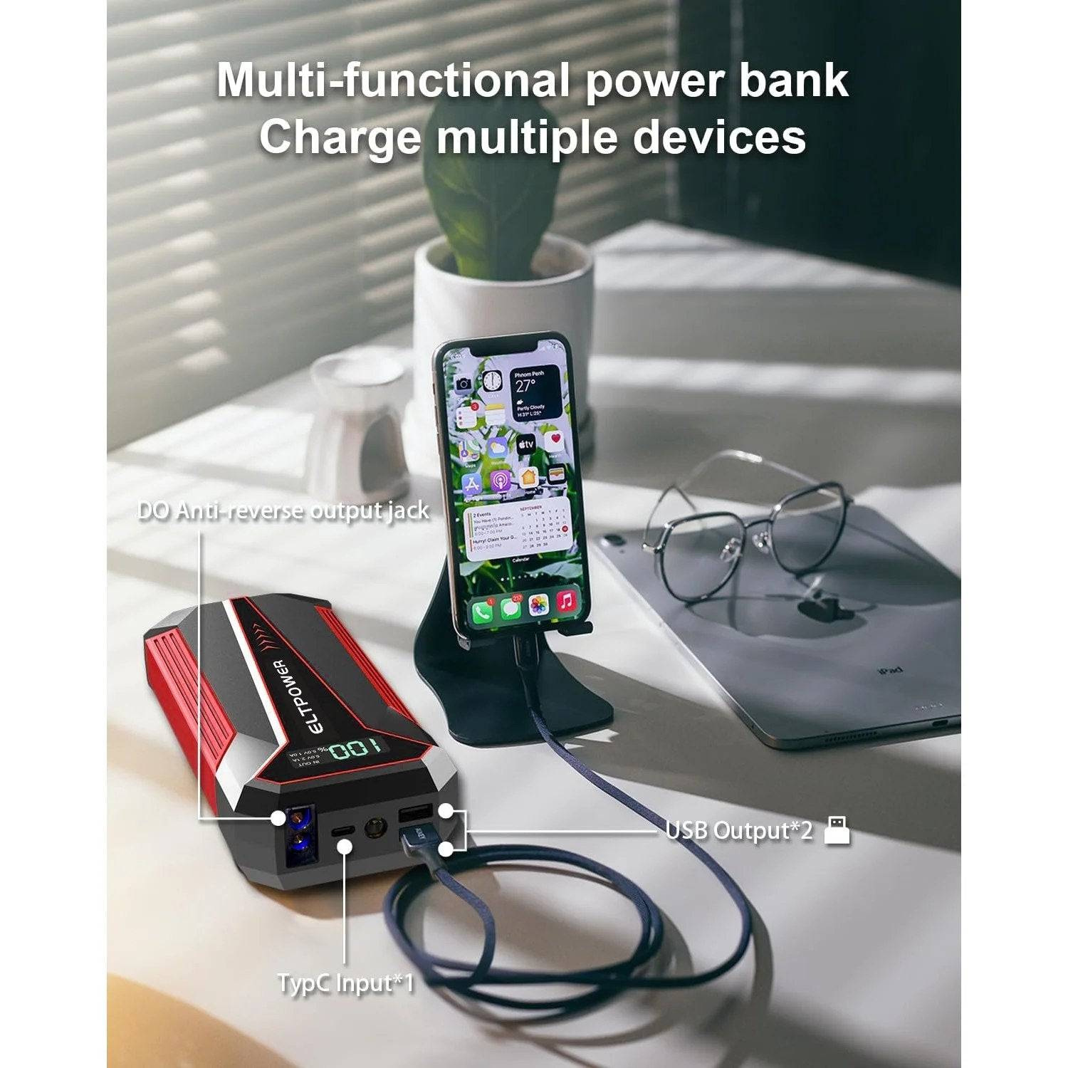 Portable Car Battery Jump Starter 2000A 4 In 1 Power Bank