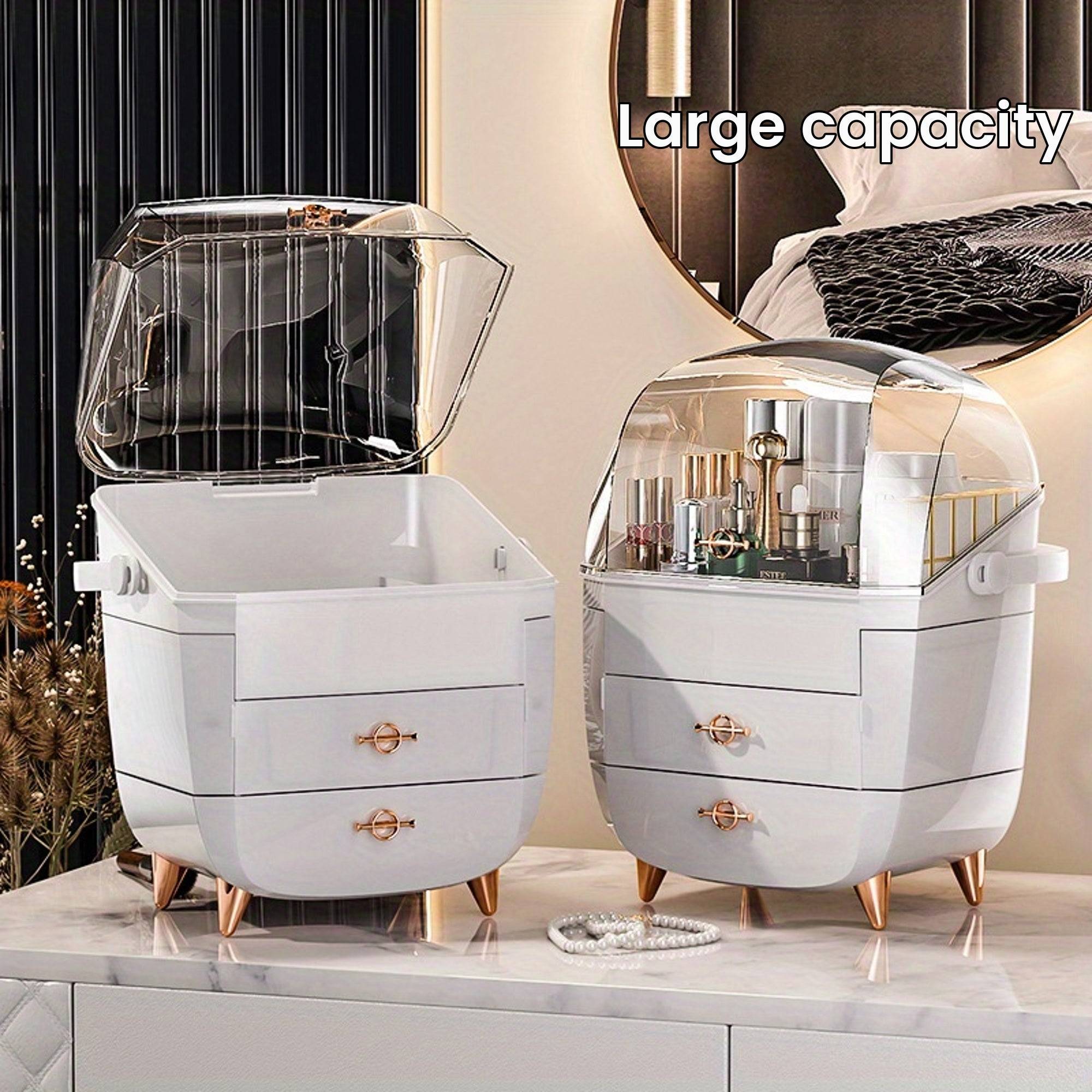 Large-capacity dustproof cosmetic organizer with clear lid and drawers, ideal for storing makeup in a bedroom or vanity setting.