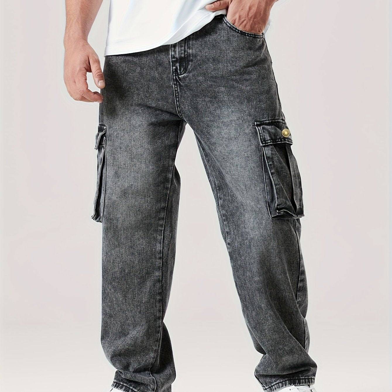 Men’s Casual Straight Cargo Jeans Relaxed Loose Fit, Multi-Pocket Work Style Durable Cotton Blend for All Seasons
