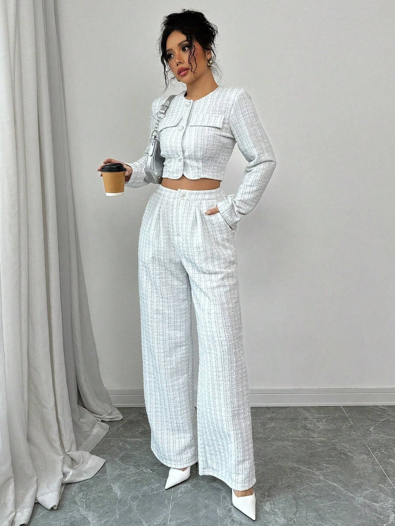 Two Piece Set Elegant Tweed Jacket and Short Pants Suit 