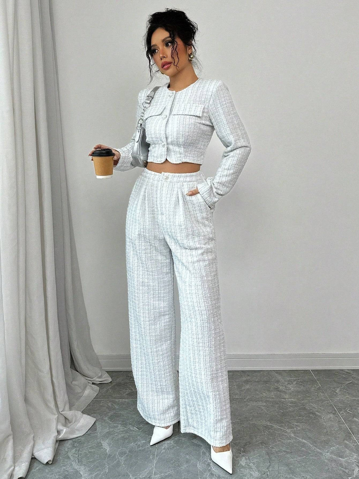 Two Piece Set Elegant Tweed Jacket and Short Pants Suit 