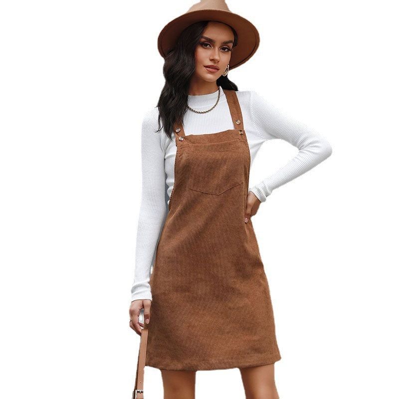 Women’s Retro Corduroy Strap Dress A-Line Pinafore Style Sleeveless Casual Outfit for Autumn and Winter