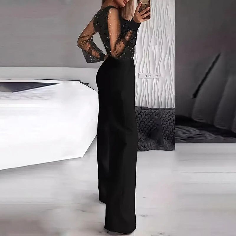 V Neck Mesh and Sequin Jumpsuit with Straight Leg Fit