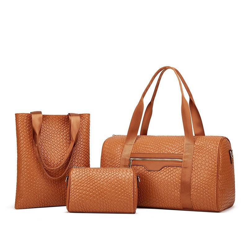 Women’s Business Travel Bag PU Leather Shoulder Sports Duffel Solid Color Large Capacity 36–55L Three-Piece Set