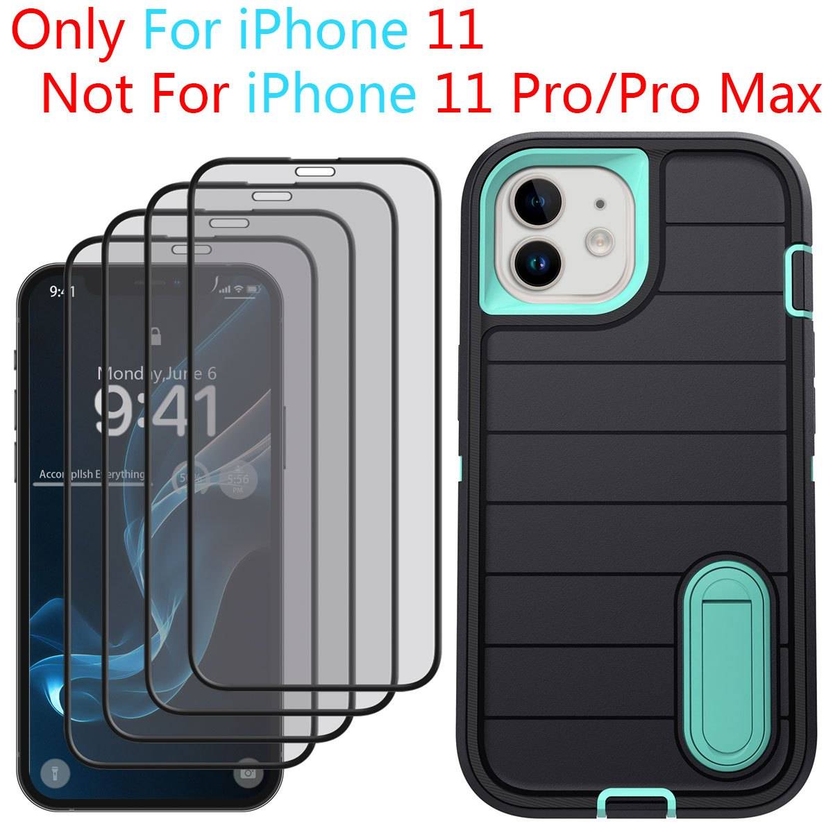 Shockproof 3-in-1 Heavy Duty Case for iPhone 11 with Kickstand, Rugged Protective Cover and 4-Pack Full Coverage Tempered Glass Screen Protectors