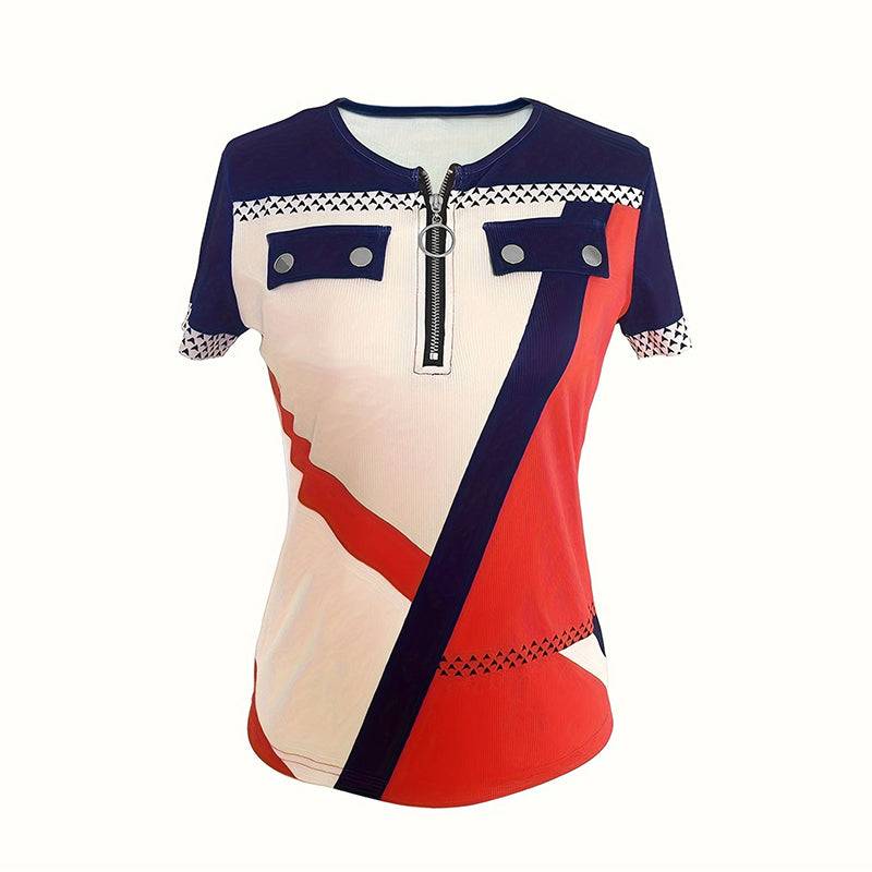 Women’s Color Block Zipper T Shirt Short Sleeve
