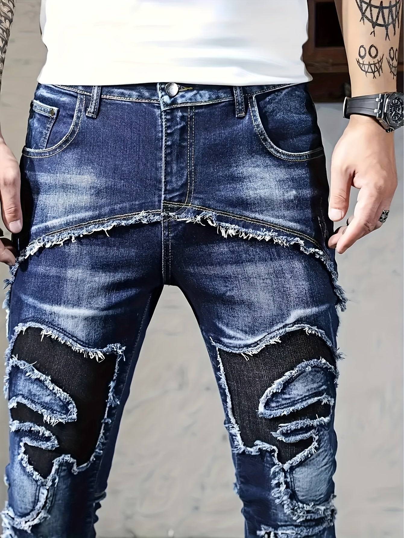 Men’s Slim Fit Jeans Blue Splicing Design Stretch Denim Versatile High Street Style for All-Season Wear