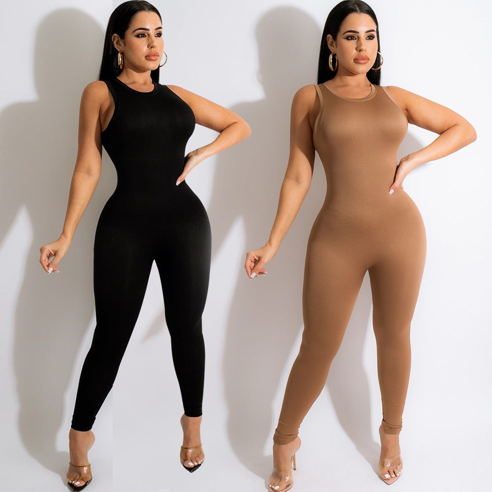 Women’s Casual Sleeveless Jumpsuit Slim Fit Mid Waist Zipper Polyester Spandex Blend Long Trousers