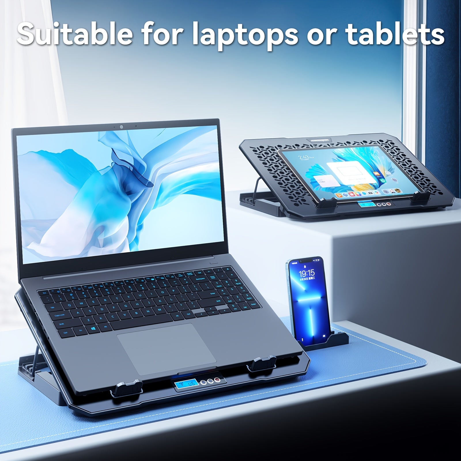 ICE COOREL Adjustable Laptop Stand with Cooling Fan and RGB Lighting, Universal Laptop Cooling Pad with Phone Holder for 15.6–19.3" Gaming Laptops