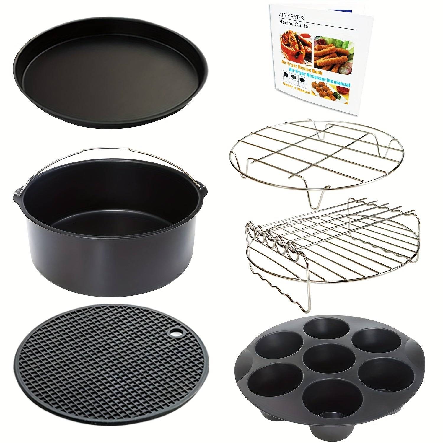 7-Piece Air Fryer Accessories Set 8" Egg Bites Mold, Pizza Pan, Cake Barrel, Skewer Rack & Silicone Mat Nonstick & Dishwasher Safe for 3.5Qt–5.8Qt Air Fryers