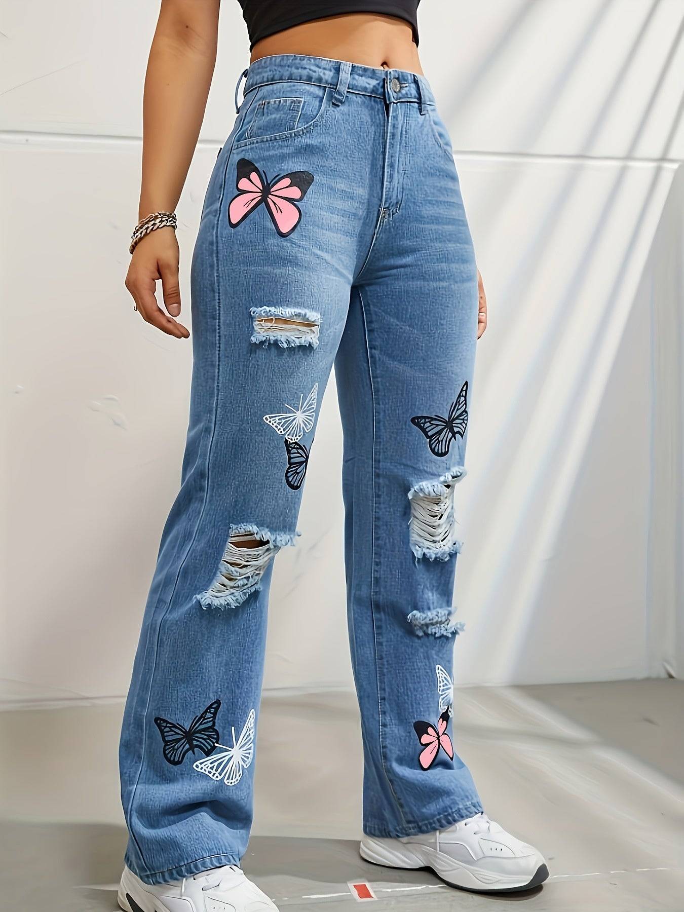 Women’s High-Waisted Contrast Denim Jeans Straight-Leg Cut with Butterfly Print & Ripped Details