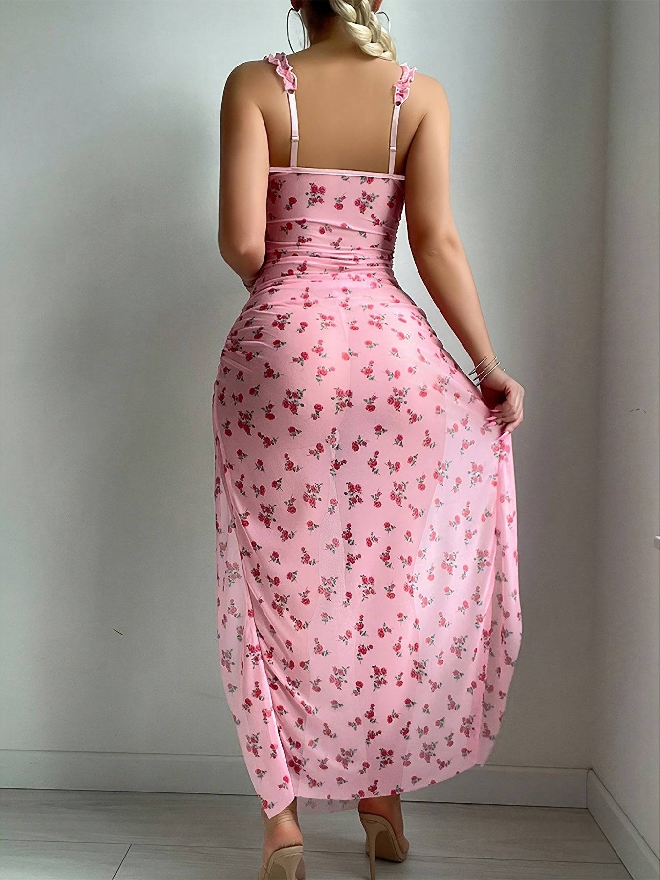 Women's Elegant Semi-Sheer Slip Dress Sets, Floral Polka Dot Nightdress with Ruffle Straps, V-Neck, Open Back, Side Slits and Thong