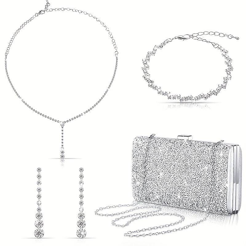 Alternative design of Luxury Evening Bag & Jewelry Set with minimalist rhinestone necklace, earrings, bracelet, and glitter clutch.