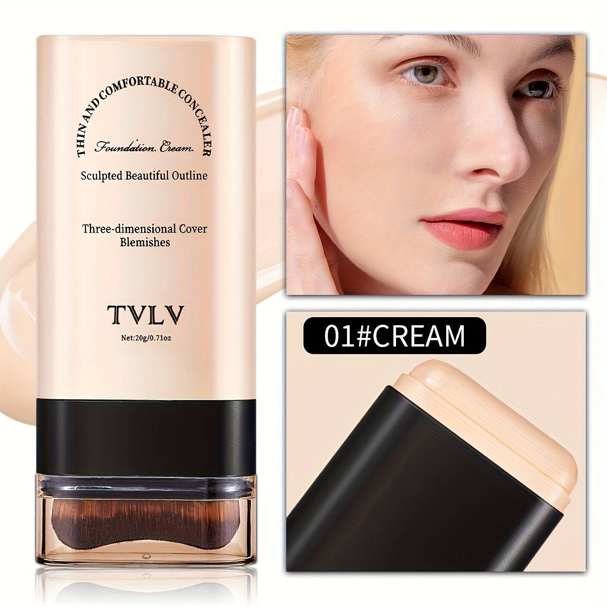 Full Coverage Concealer Stick Foundation with Built-In Brush, Matte Long-Lasting Makeup Stick for Smooth Face Finish, Light Beige
