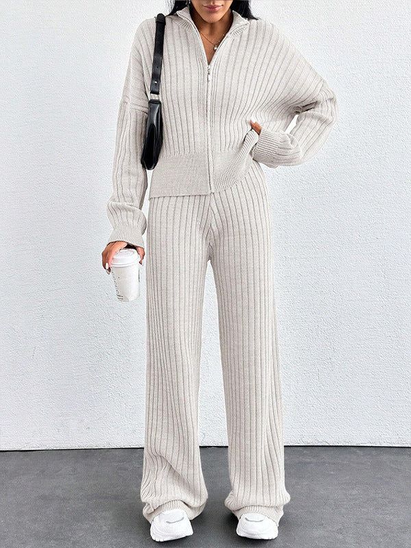 Women's Casual Two-Piece Set for Fall and Winter, Loose Fit Zip-Up Top and Pants