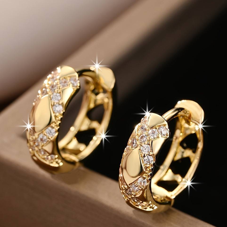 1 Pair Women’s 18K Gold Plated Hoop Earrings, Copper with Synthetic Zirconia in Bohemian Vintage Style