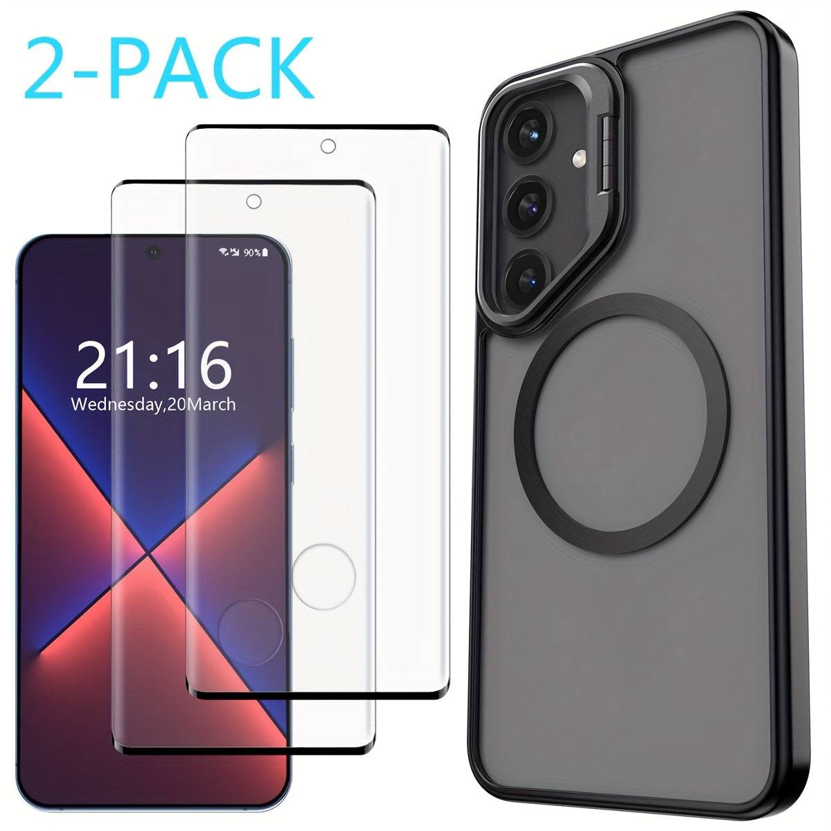 Magnetic Clear Case for Samsung Galaxy S24/S24+/S24 Ultra/FE, Shockproof Slim Bumper Cover with Kickstand and 2 Tempered Glass Protectors