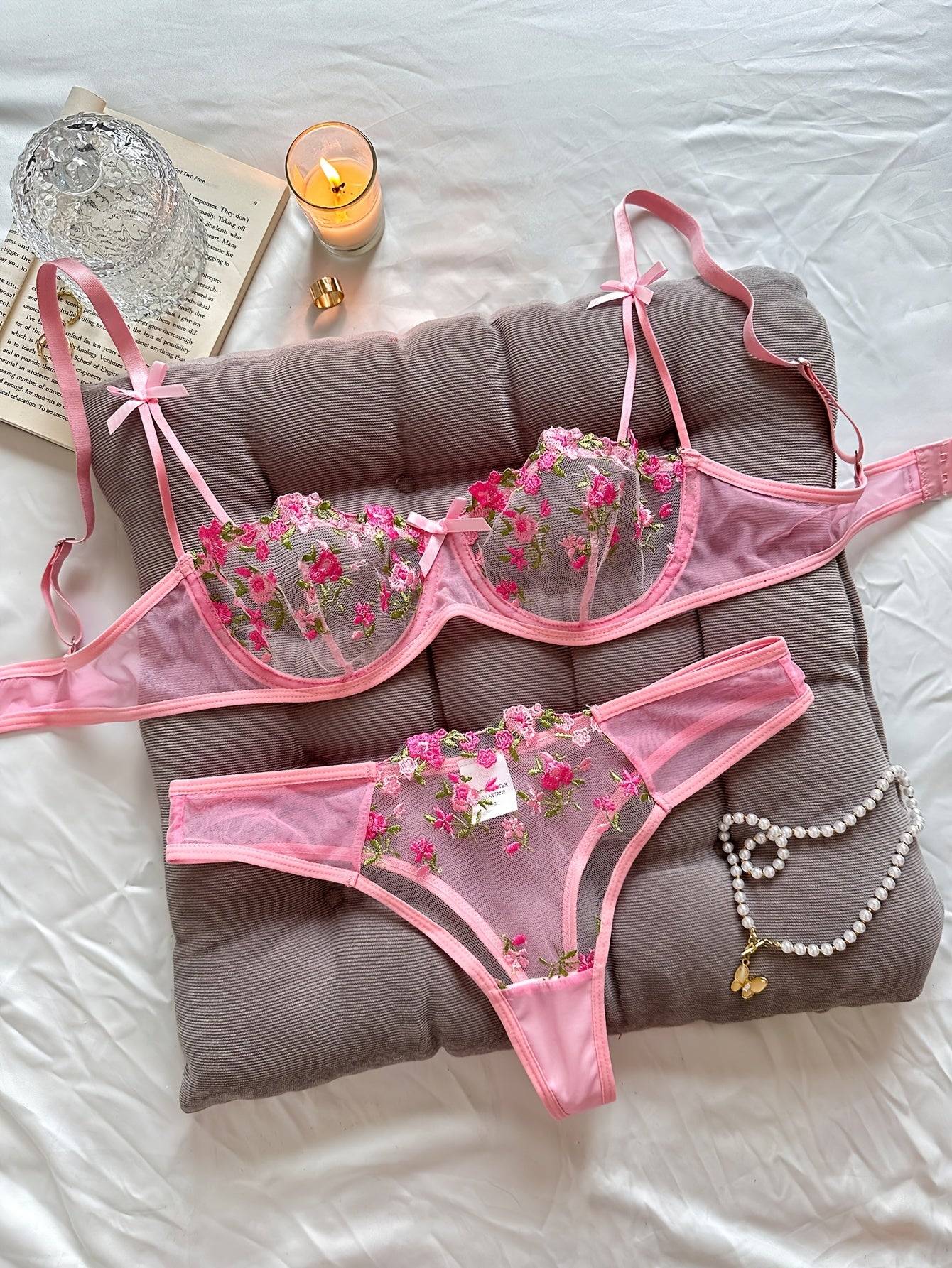 Women's Lace & Satin Lingerie Set – Bra and Underwear Combination in Pink, Black, Red, Blue & Burgundy