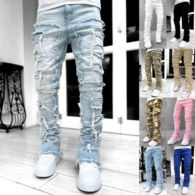 Men’s Stacked Slim Jeans with Patchwork Cotton Denim