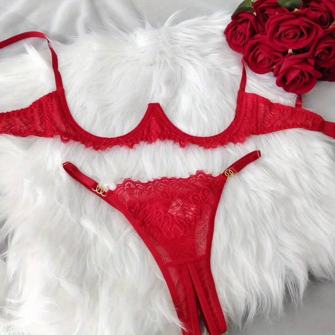 Women's Hollow-Out Lace Lingerie Set – Intricate Design in Red, Pink & White, Comfortable Matching Set